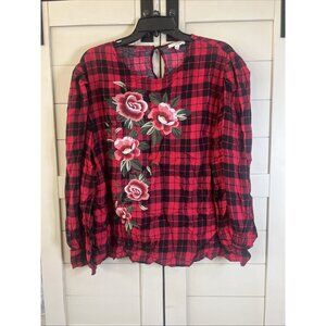 Umgee Embroidered Floral Women’s Long Sleeve Plaid Boho Chic Blouse Shirt large